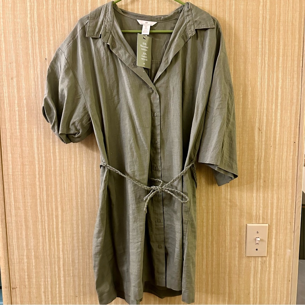 NWT New H&M Linen-Blend Shirt Dress Dusty Green Large L - Picture 3 of 4
